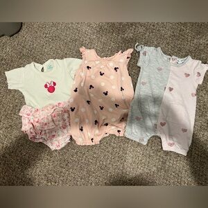 mini mouse and hearts girls bundle lot of 3 pink romper outfits 3-6 months